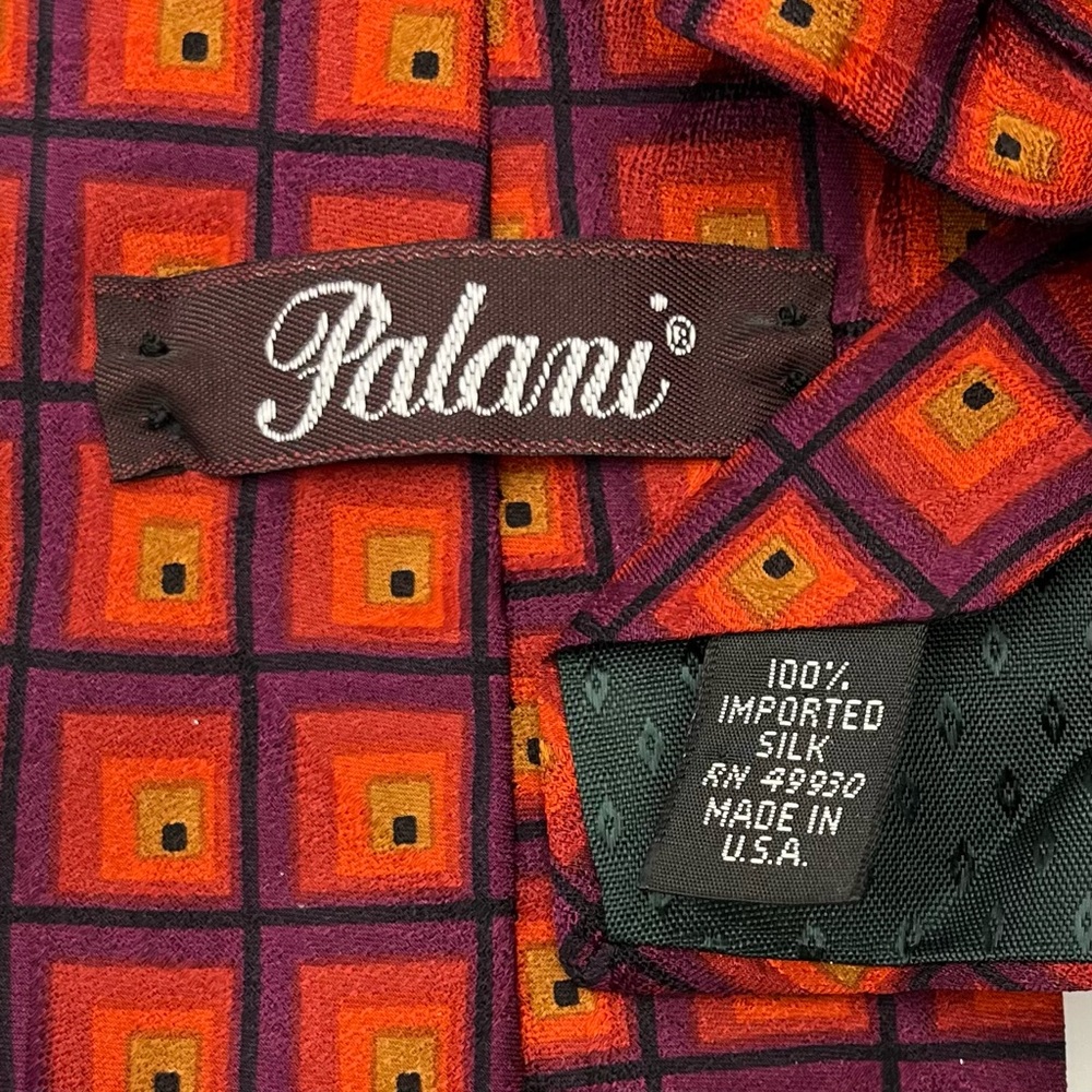 Palani Men's Silk Jacquard Tie 3.75x58” Orange,Purple & Gold Geometric. USA Made